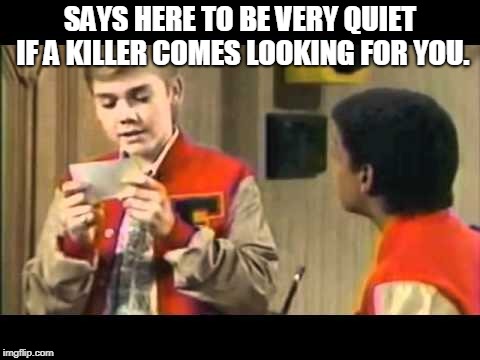 Silver Spoons | SAYS HERE TO BE VERY QUIET IF A KILLER COMES LOOKING FOR YOU. | image tagged in silver spoons | made w/ Imgflip meme maker