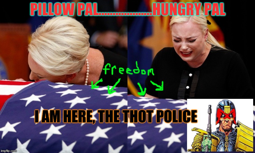 Thots & Prayers / RIP McCain | PILLOW PAL...................HUNGRY PAL; I AM HERE, THE THOT POLICE | image tagged in john mccain,funeral,judge dredd,thot,thoughts and prayers | made w/ Imgflip meme maker