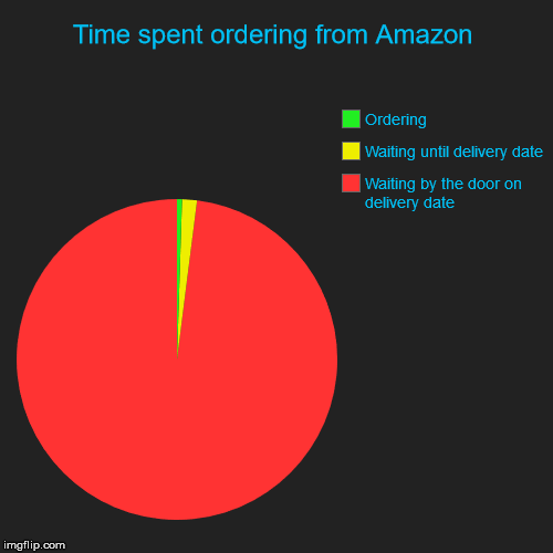 Time spent ordering from Amazon | Waiting by the door on delivery date, Waiting until delivery date, Ordering | image tagged in funny,pie charts | made w/ Imgflip chart maker