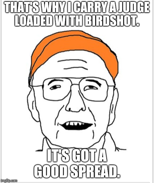 THAT'S WHY I CARRY A JUDGE LOADED WITH BIRDSHOT. IT'S GOT A GOOD SPREAD. | made w/ Imgflip meme maker