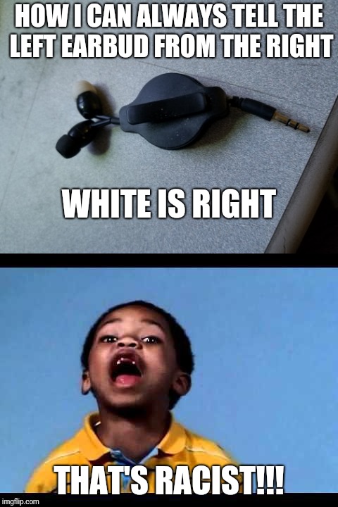 Aw, SHIT! It's just a stupid memory thing! It CAN be taken too far, you know... | HOW I CAN ALWAYS TELL THE LEFT EARBUD FROM THE RIGHT; WHITE IS RIGHT; THAT'S RACIST!!! | image tagged in memes,that's racist,earbuds,white supremacy,white supremacists,racism | made w/ Imgflip meme maker