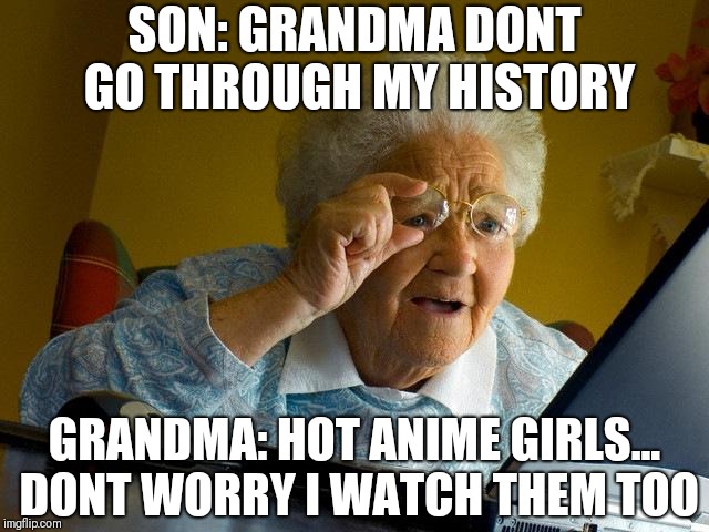 Grandma Finds The Internet Meme | SON: GRANDMA DONT GO THROUGH MY HISTORY; GRANDMA: HOT ANIME GIRLS... DONT WORRY I WATCH THEM TOO | image tagged in memes,grandma finds the internet | made w/ Imgflip meme maker