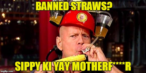 For the Die Hard Straw Users | BANNED STRAWS? SIPPY KI YAY MOTHERF****R | image tagged in plastic straws,bruce willis,funny memes | made w/ Imgflip meme maker