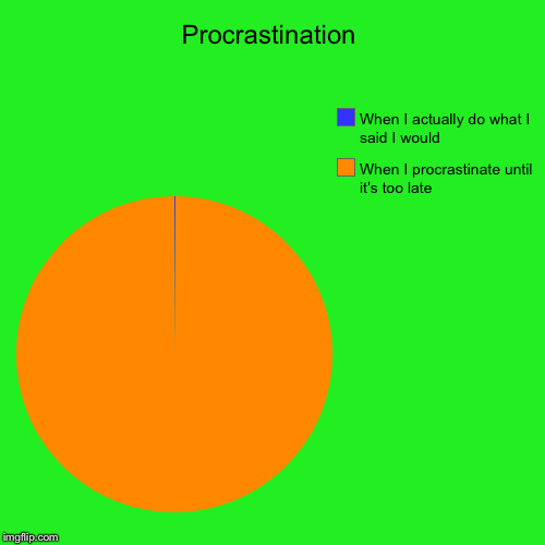 A chart of my life | Procrastination | When I procrastinate until it’s too late, When I actually do what I said I would | image tagged in funny,pie charts | made w/ Imgflip chart maker