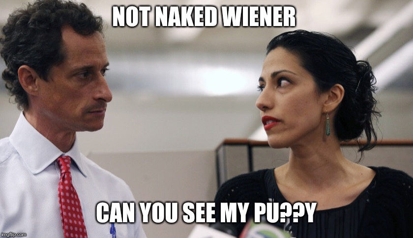 Anthony Weiner and Huma Abedin | NOT NAKED WIENER; CAN YOU SEE MY PU??Y | image tagged in anthony weiner and huma abedin | made w/ Imgflip meme maker