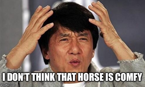 Jackie Chan WTF | I DON’T THINK THAT HORSE IS COMFY | image tagged in jackie chan wtf | made w/ Imgflip meme maker