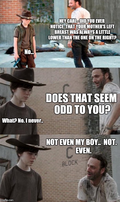 Lower Left | HEY CARL - DID YOU EVER NOTICE  THAT YOUR MOTHER'S LEFT BREAST WAS ALWAYS A LITTLE LOWER THAN THE ONE ON THE RIGHT? No... DOES THAT SEEM ODD TO YOU? What? No. I never.. NOT EVEN MY BOY..

NOT. 

EVEN. | image tagged in memes,rick and carl 3 | made w/ Imgflip meme maker
