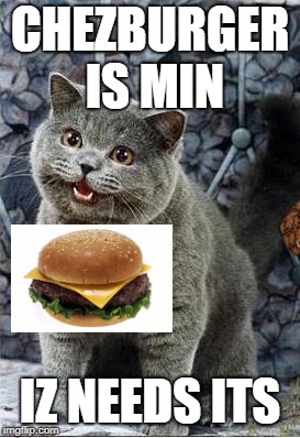 I can has cheezburger cat | CHEZBURGER IS MIN; IZ NEEDS ITS | image tagged in i can has cheezburger cat,scumbag | made w/ Imgflip meme maker