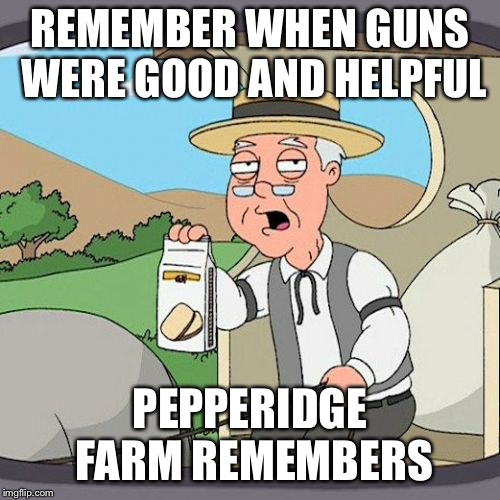Do you remember? | REMEMBER WHEN GUNS WERE GOOD AND HELPFUL; PEPPERIDGE FARM REMEMBERS | image tagged in memes,pepperidge farm remembers,guns | made w/ Imgflip meme maker