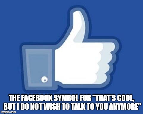 Yes, I've used it too.... | THE FACEBOOK SYMBOL FOR "THAT'S COOL, BUT I DO NOT WISH TO TALK TO YOU ANYMORE" | image tagged in ohh facebook,thumbs up,goodbye,cool | made w/ Imgflip meme maker