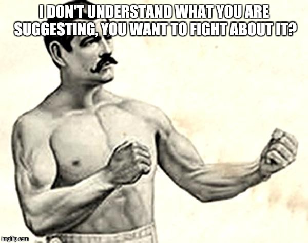 Bare Knuckle Fighter | I DON'T UNDERSTAND WHAT YOU ARE SUGGESTING, YOU WANT TO FIGHT ABOUT IT? | image tagged in bare knuckle fighter,meme,memes,joke,overly manly man | made w/ Imgflip meme maker