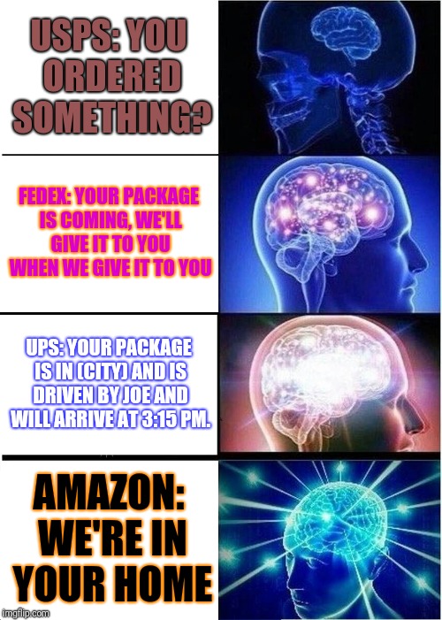 Expanding Brain Meme | USPS: YOU ORDERED SOMETHING? FEDEX: YOUR PACKAGE IS COMING, WE'LL GIVE IT TO YOU WHEN WE GIVE IT TO YOU; UPS: YOUR PACKAGE IS IN (CITY) AND IS DRIVEN BY JOE AND WILL ARRIVE AT 3:15 PM. AMAZON: WE'RE IN YOUR HOME | image tagged in memes,expanding brain | made w/ Imgflip meme maker