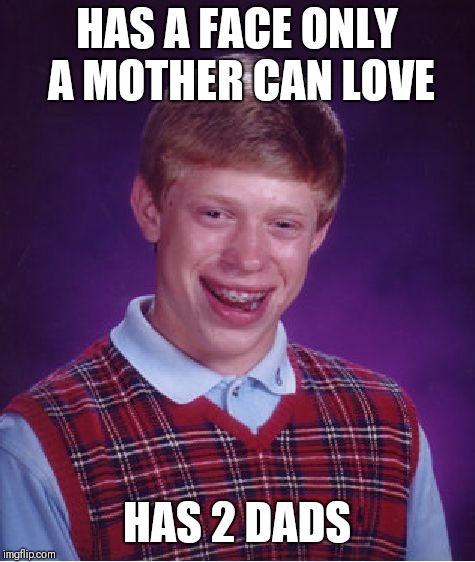 Bad Luck Brian | HAS A FACE ONLY A MOTHER CAN LOVE; HAS 2 DADS | image tagged in memes,bad luck brian | made w/ Imgflip meme maker