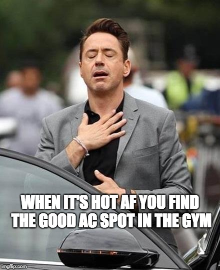 Robert Downy Jr | WHEN IT'S HOT AF YOU FIND THE GOOD AC SPOT IN THE GYM | image tagged in robert downy jr | made w/ Imgflip meme maker