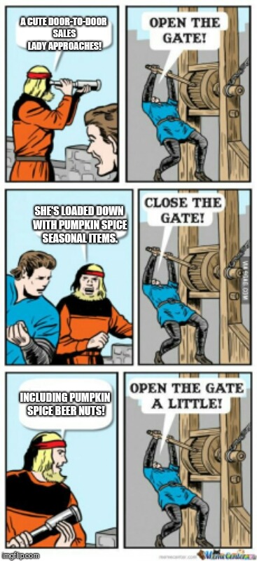 Open the gate a little | A CUTE DOOR-TO-DOOR SALES LADY APPROACHES! SHE'S LOADED DOWN WITH PUMPKIN SPICE SEASONAL ITEMS. INCLUDING PUMPKIN SPICE BEER NUTS! | image tagged in open the gate a little | made w/ Imgflip meme maker