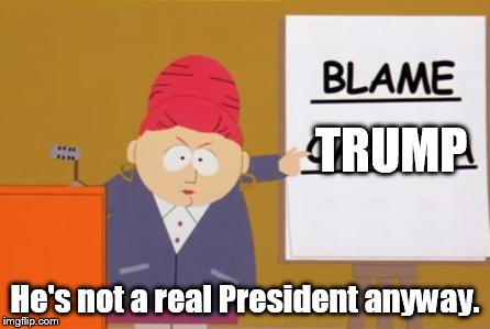 blame canada | TRUMP He's not a real President anyway. | image tagged in blame canada | made w/ Imgflip meme maker