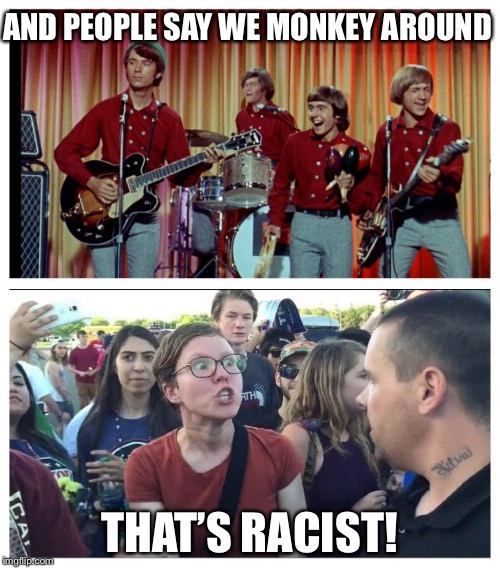 Hey hey - we’re the Racists! | AND PEOPLE SAY WE MONKEY AROUND; THAT’S RACIST! | image tagged in the monkees,racist,liberals,triggered | made w/ Imgflip meme maker