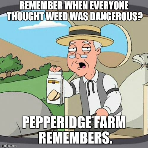 The times have changed so quick... | REMEMBER WHEN EVERYONE THOUGHT WEED WAS DANGEROUS? PEPPERIDGE FARM REMEMBERS. | image tagged in memes,pepperidge farm remembers,weed,marijuana,dangerous,drugs | made w/ Imgflip meme maker