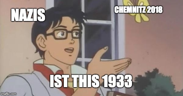 Is This a Pigeon | CHEMNITZ 2018; NAZIS; IST THIS 1933 | image tagged in is this a pigeon | made w/ Imgflip meme maker