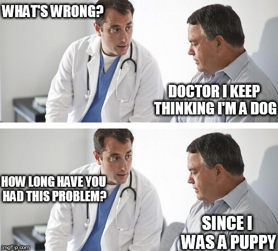 Doctor and Patient | WHAT'S WRONG? DOCTOR I KEEP THINKING I'M A DOG; HOW LONG HAVE YOU HAD THIS PROBLEM? SINCE I WAS A PUPPY | image tagged in doctor and patient | made w/ Imgflip meme maker