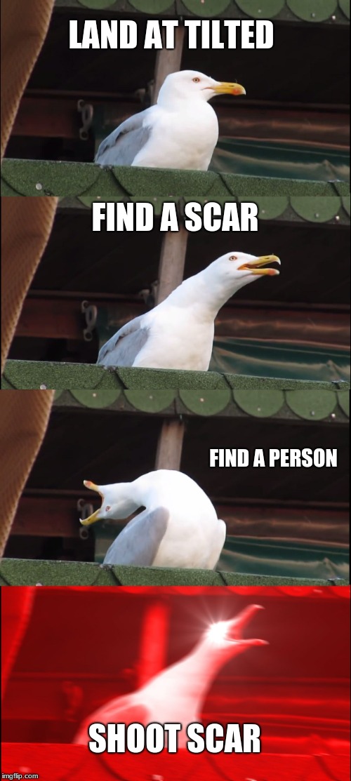 Inhaling Seagull Meme | LAND AT TILTED; FIND A SCAR; FIND A PERSON; SHOOT SCAR | image tagged in memes,fortnite | made w/ Imgflip meme maker