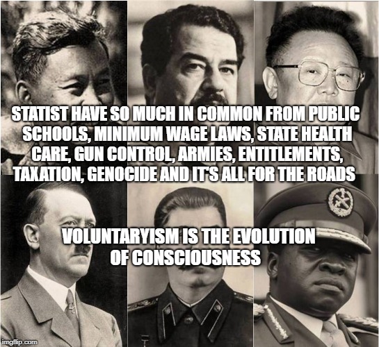 Gun Control | STATIST HAVE SO MUCH IN COMMON FROM PUBLIC SCHOOLS, MINIMUM WAGE LAWS, STATE HEALTH CARE, GUN CONTROL, ARMIES, ENTITLEMENTS, TAXATION, GENOCIDE AND IT'S ALL FOR THE ROADS; VOLUNTARYISM IS THE EVOLUTION OF CONSCIOUSNESS | image tagged in gun control | made w/ Imgflip meme maker