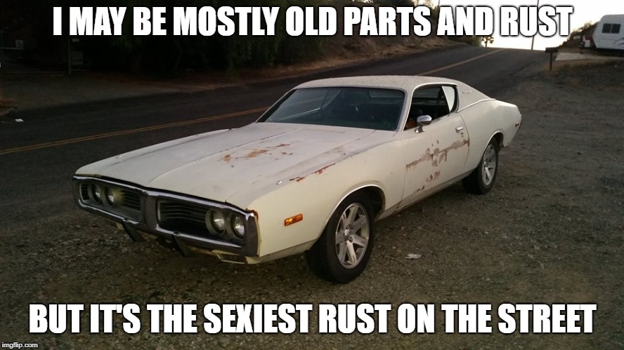 Mopar Memes | I MAY BE MOSTLY OLD PARTS AND RUST; BUT IT'S THE SEXIEST RUST ON THE STREET | image tagged in cars,muscle car,sexy,streets,muscles,project | made w/ Imgflip meme maker