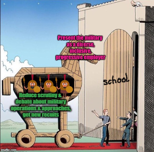 Pink and purple washing | Present the military as a diverse, inclusive, progressive employer; Reduce scrutiny & debate about military operations & approaches, get new recuits | image tagged in trojan horse,military,militarism,pinkwashing,purplewashing | made w/ Imgflip meme maker