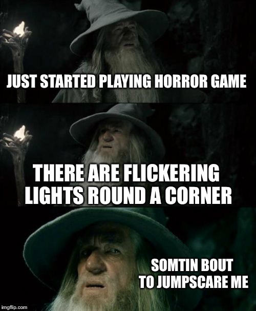 Confused Gandalf | JUST STARTED PLAYING HORROR GAME; THERE ARE FLICKERING LIGHTS ROUND A CORNER; SOMTIN BOUT TO JUMPSCARE ME | image tagged in memes,confused gandalf | made w/ Imgflip meme maker