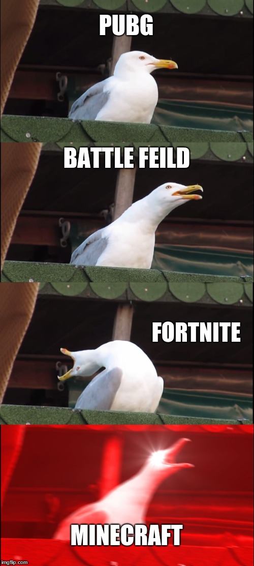 Inhaling Seagull | PUBG; BATTLE FEILD; FORTNITE; MINECRAFT | image tagged in memes,inhaling seagull | made w/ Imgflip meme maker