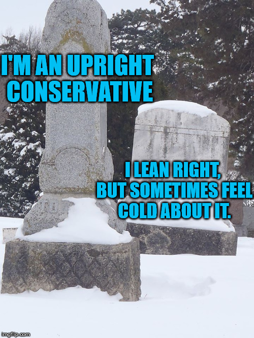 Suggestive tombstones | I'M AN UPRIGHT CONSERVATIVE I LEAN RIGHT, BUT SOMETIMES FEEL COLD ABOUT IT. | image tagged in suggestive tombstones | made w/ Imgflip meme maker