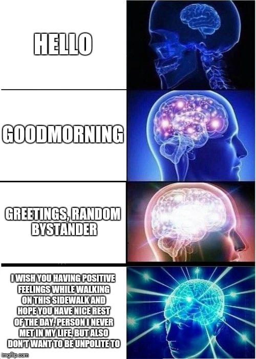 Expanding Brain Meme | HELLO; GOODMORNING; GREETINGS, RANDOM BYSTANDER; I WISH YOU HAVING POSITIVE FEELINGS WHILE WALKING ON THIS SIDEWALK AND HOPE YOU HAVE NICE REST OF THE DAY, PERSON I NEVER MET IN MY LIFE, BUT ALSO DON'T WANT TO BE UNPOLITE TO | image tagged in memes,expanding brain | made w/ Imgflip meme maker