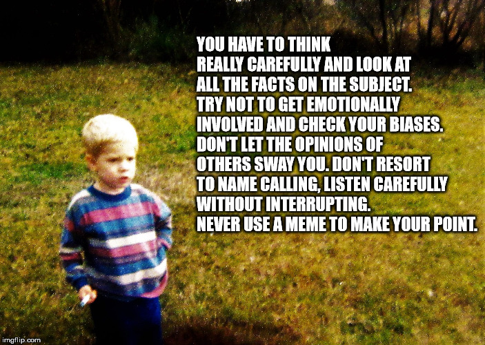 "I wonder" boy | YOU HAVE TO THINK REALLY CAREFULLY AND LOOK AT ALL THE FACTS ON THE SUBJECT. TRY NOT TO GET EMOTIONALLY INVOLVED AND CHECK YOUR BIASES. DON' | image tagged in i wonder boy | made w/ Imgflip meme maker