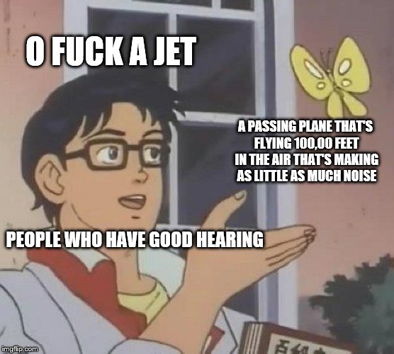 Is This A Pigeon Meme | O F**K A JET A PASSING PLANE THAT'S FLYING 100,00 FEET IN THE AIR THAT'S MAKING AS LITTLE AS MUCH NOISE PEOPLE WHO HAVE GOOD HEARING | image tagged in memes,is this a pigeon | made w/ Imgflip meme maker