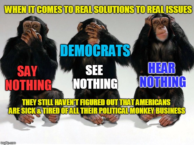 TOO MUCH MONKEY BUSINESS | WHEN IT COMES TO REAL SOLUTIONS TO REAL ISSUES; DEMOCRATS; HEAR NOTHING; SAY NOTHING; SEE NOTHING; THEY STILL HAVEN'T FIGURED OUT THAT AMERICANS ARE SICK & TIRED OF ALL THEIR POLITICAL MONKEY BUSINESS | image tagged in liberal hypocrisy,political correctness | made w/ Imgflip meme maker