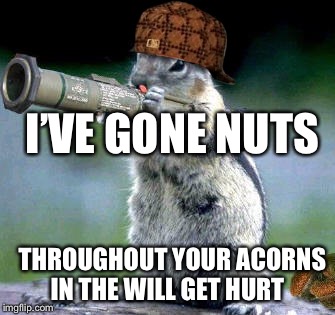 Bazooka Squirrel Meme | I’VE GONE NUTS; THROUGHOUT YOUR ACORNS IN THE WILL GET HURT | image tagged in memes,bazooka squirrel,scumbag | made w/ Imgflip meme maker