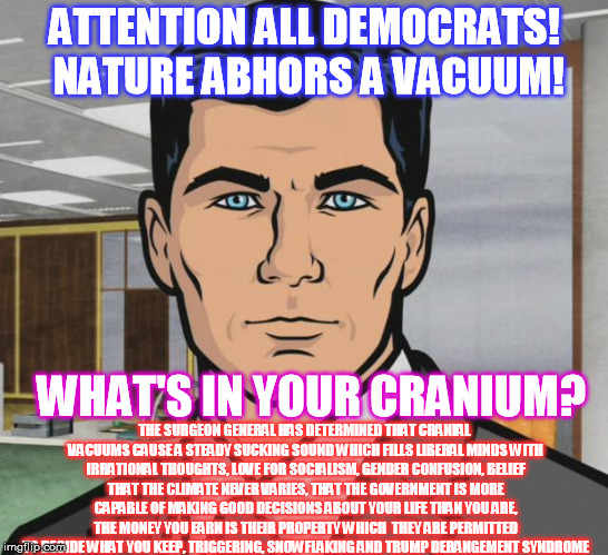 Archer Meme | ATTENTION ALL DEMOCRATS! NATURE ABHORS A VACUUM! WHAT'S IN YOUR CRANIUM? THE SURGEON GENERAL HAS DETERMINED THAT CRANIAL VACUUMS CAUSE A STEADY SUCKING SOUND WHICH FILLS LIBERAL MINDS WITH IRRATIONAL THOUGHTS, LOVE FOR SOCIALISM, GENDER CONFUSION, BELIEF THAT THE CLIMATE NEVER VARIES, THAT THE GOVERNMENT IS MORE CAPABLE OF MAKING GOOD DECISIONS ABOUT YOUR LIFE THAN YOU ARE, THE MONEY YOU EARN IS THEIR PROPERTY WHICH  THEY ARE PERMITTED TO DECIDE WHAT YOU KEEP, TRIGGERING, SNOWFLAKING AND TRUMP DERANGEMENT SYNDROME | image tagged in memes,archer | made w/ Imgflip meme maker