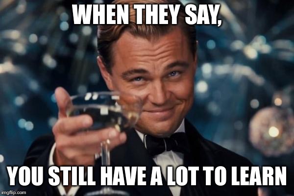 Leonardo Dicaprio Cheers | WHEN THEY SAY, YOU STILL HAVE A LOT TO LEARN | image tagged in memes,leonardo dicaprio cheers | made w/ Imgflip meme maker