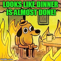 Dog in burning house | LOOKS LIKE DINNER IS ALMOST DONE! | image tagged in dog in burning house | made w/ Imgflip meme maker