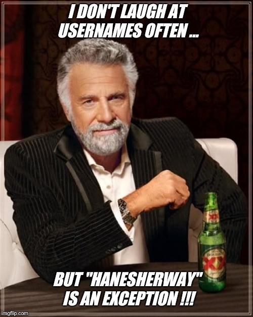 The Most Interesting Man In The World Meme | I DON'T LAUGH AT USERNAMES OFTEN ... BUT "HANESHERWAY" IS AN EXCEPTION !!! | image tagged in memes,the most interesting man in the world,panties | made w/ Imgflip meme maker