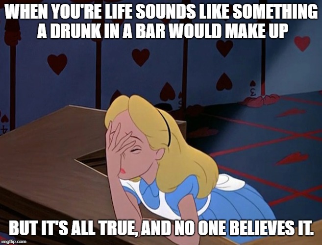 Some true life stories sound totally fictitious.  | WHEN YOU'RE LIFE SOUNDS LIKE SOMETHING A DRUNK IN A BAR WOULD MAKE UP; BUT IT'S ALL TRUE, AND NO ONE BELIEVES IT. | image tagged in alice in wonderland face palm facepalm,funny memes | made w/ Imgflip meme maker