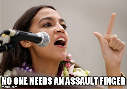 Watch where you are pointing that thing, would you. | NO ONE NEEDS AN ASSAULT FINGER | image tagged in losers,alexandria ocasio-cortez | made w/ Imgflip meme maker