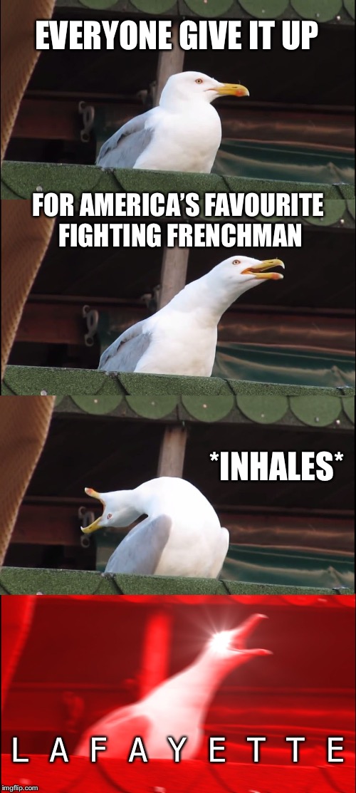 Inhaling Seagull Meme | EVERYONE GIVE IT UP; FOR AMERICA’S FAVOURITE FIGHTING FRENCHMAN; *INHALES*; L A F A Y E T T E | image tagged in memes,inhaling seagull | made w/ Imgflip meme maker