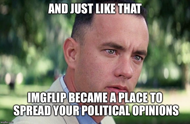 And Just Like That | AND JUST LIKE THAT; IMGFLIP BECAME A PLACE TO SPREAD YOUR POLITICAL OPINIONS | image tagged in and just like that | made w/ Imgflip meme maker