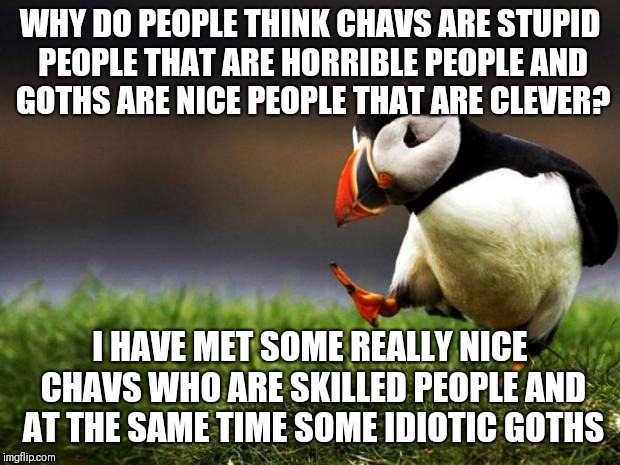 Unpopular Opinion Puffin Meme | WHY DO PEOPLE THINK CHAVS ARE STUPID PEOPLE THAT ARE HORRIBLE PEOPLE AND GOTHS ARE NICE PEOPLE THAT ARE CLEVER? I HAVE MET SOME REALLY NICE CHAVS WHO ARE SKILLED PEOPLE AND AT THE SAME TIME SOME IDIOTIC GOTHS | image tagged in memes,unpopular opinion puffin | made w/ Imgflip meme maker