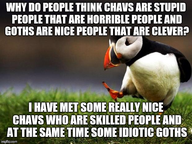 Unpopular Opinion Puffin | WHY DO PEOPLE THINK CHAVS ARE STUPID PEOPLE THAT ARE HORRIBLE PEOPLE AND GOTHS ARE NICE PEOPLE THAT ARE CLEVER? I HAVE MET SOME REALLY NICE CHAVS WHO ARE SKILLED PEOPLE AND AT THE SAME TIME SOME IDIOTIC GOTHS | image tagged in memes,unpopular opinion puffin | made w/ Imgflip meme maker