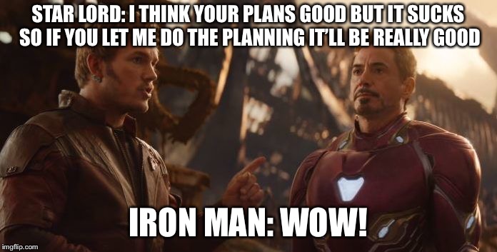 Star Lord Stark | STAR LORD: I THINK YOUR PLANS GOOD BUT IT SUCKS SO IF YOU LET ME DO THE PLANNING IT’LL BE REALLY GOOD; IRON MAN: WOW! | image tagged in star lord stark | made w/ Imgflip meme maker