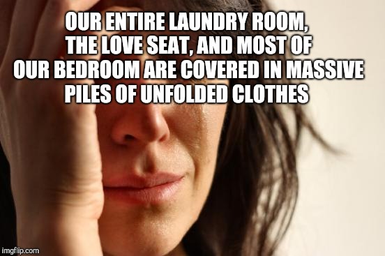 First World Problems Meme | OUR ENTIRE LAUNDRY ROOM, THE LOVE SEAT, AND MOST OF OUR BEDROOM ARE COVERED IN MASSIVE PILES OF UNFOLDED CLOTHES | image tagged in memes,first world problems | made w/ Imgflip meme maker