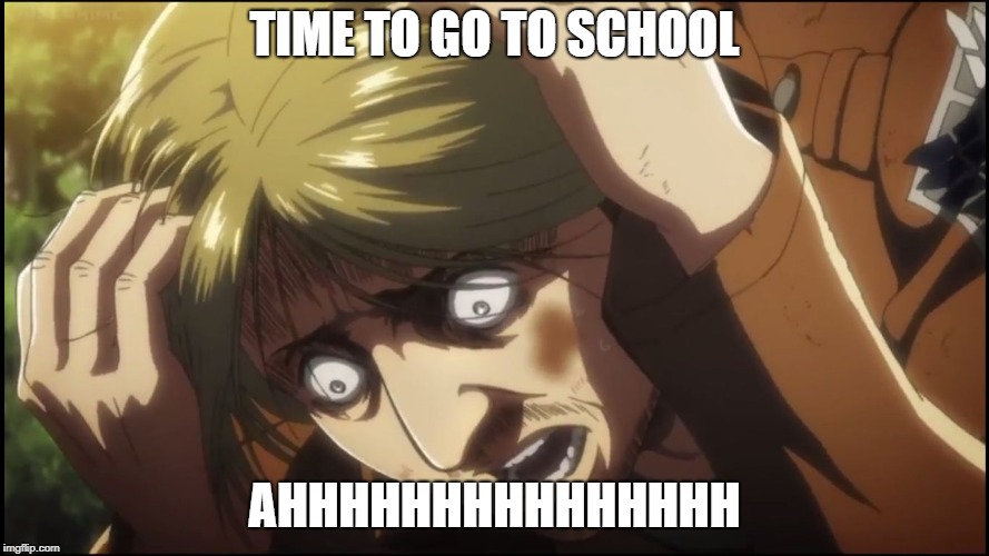 Scared Mike AOT | TIME TO GO TO SCHOOL; AHHHHHHHHHHHHHHH | image tagged in scared mike aot | made w/ Imgflip meme maker