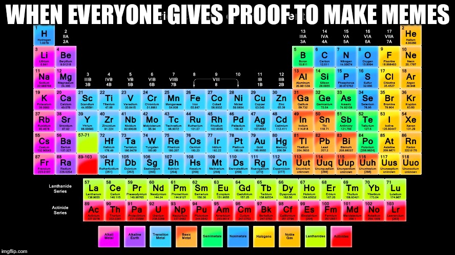 Periodic Table of Elements | WHEN EVERYONE GIVES PROOF TO MAKE MEMES | image tagged in periodic table of elements | made w/ Imgflip meme maker